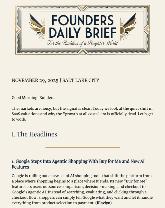 Founders Daily Brief — real newsletter example